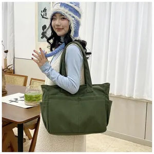 Dark green corduroy tote bag for women, large capacity casual shoulder bag for daily commute.