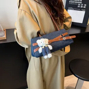 Sweet denim shoulder bag for women, trendy contrast belt underarm handbag with cute bear.