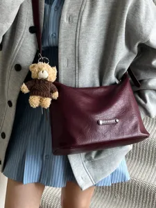 Women PU leather shoulder bag early autumn fashion underarm hobo bag with cute bear charm