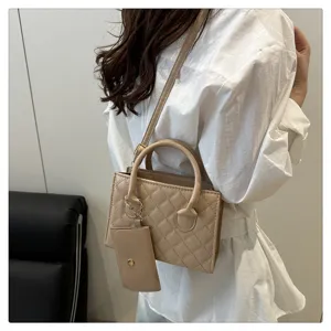Women stylish quilted crossbody bag top handle PU leather small square handbag beige