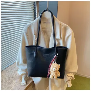 Black PU leather tote bag for women, vintage large capacity shoulder underarm bag with cute bear.