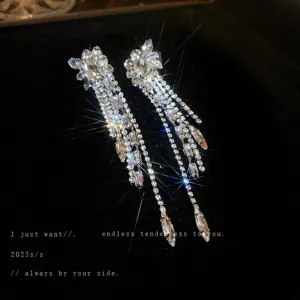 Orecchini pendenti con fiori in zircone e strass per donne, gioielli di cristallo alla moda.