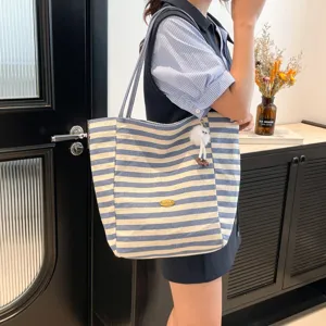 Bolso tote de lona a rayas azul y blanco para mujer, bolso de hombro informal de gran capacidad diario.