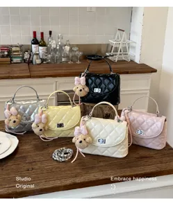 Stylish quilted women shoulder bag with chain strap and cute bear pendant for daily use