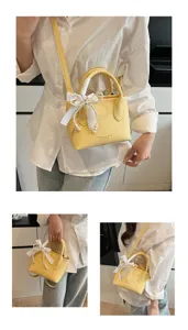 Borsa a tracolla gialla chic per donna, elegante borsa a mano con nastro di perle.
