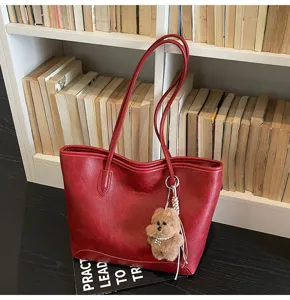 Bolso tote de cuero rojo estilo coreano gran capacidad elegante bolso de hombro para mujer chic.