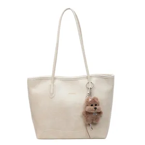Elegante bolso tote de piel sintética beige para mujer, bolso de hombro grande y práctico.