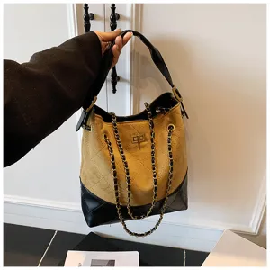 Bolso Cubo Acolchado Ante Cadena Bicolor Hombro Casual Otoño Invierno Elegante