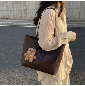 Borsa shopper in pelle retrò da donna, borsa a spalla grande capienza per uso quotidiano.