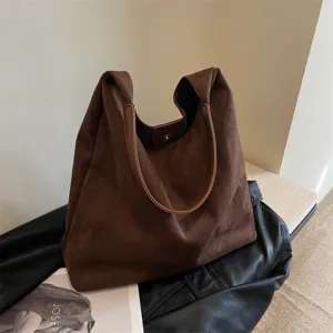 Brown suede slouchy shoulder bag for women, large capacity casual tote bag for daily fashion.