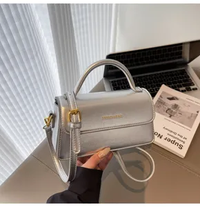 Silver fashion handbag women PU leather crossbody shoulder bag chic top handle small square purse