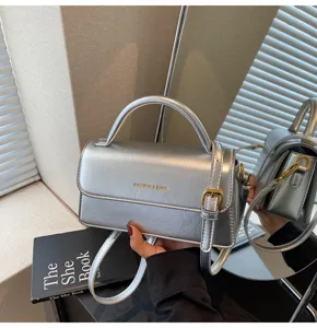 Silver metallic mini top-handle handbag, stylish shoulder crossbody bag for modern women.