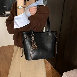 Women Large Capacity Tote Bag PU Leather Commuting Handbag Solid Color Casual Shoulder Bag With Pendant