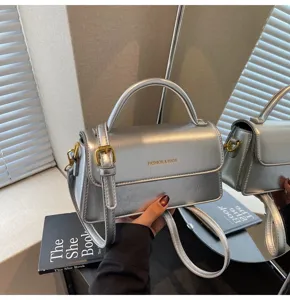 Silver metallic shoulder bag women's fashion crossbody handbag top handle small square bag