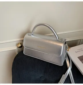 Silver women shoulder crossbody handbag stylish metallic top handle small square bag