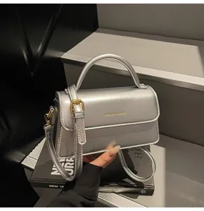 Silver metallic small shoulder bag fashion cross body handbag for women autumn winter style.