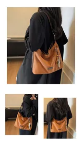 Retro suede women shoulder bag autumn fashion underarm casual tote bag with beaded pendant