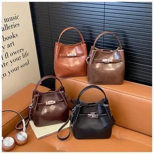 Borsa secchiello donna in pelle PU con chiusura metallica, borsa elegante multicolore.