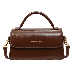 Brown glossy PU leather women top handle bag fashion shoulder crossbody small square bag