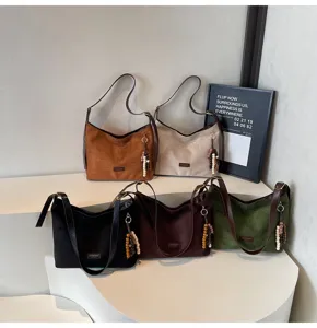 Retro suede shoulder bag for women, trendy autumn casual commute tote underarm bag.