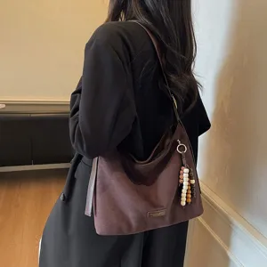 Brown suede shoulder bag underarm bag retro casual commuter tote bag for women