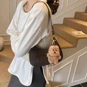 Women suede hobo shoulder bag stylish dumpling handbag with cute plush bear pendant main view