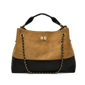 Chic bolso de hombro acolchado de ante marrón negro con cadena elegante bolso de mujer.