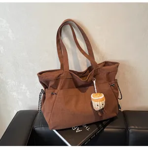Borsa shopper casual in velluto a coste marrone, grande capacità per scuola e lavoro.