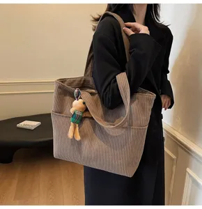 Brown corduroy tote bag for women, large capacity casual handbag with cute plush bunny.