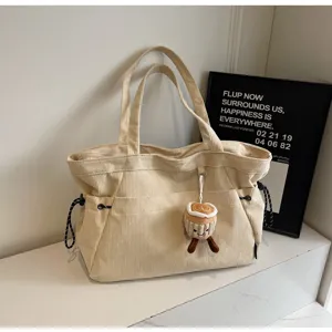Borsa shopper in velluto a coste da donna, grande borsa a spalla con grazioso ciondolo tazza.