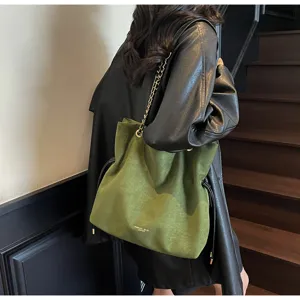 Green suede chain tote bag for women, retro autumn winter shoulder bag, commuter crossbody