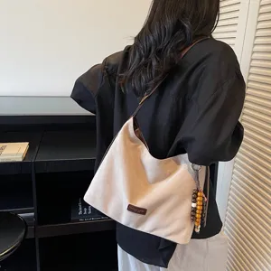 Women retro suede shoulder bag underarm hobo tote handbag with wooden bead charm stylish