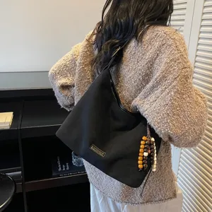Retro suede shoulder hobo bag with wooden bead charms for women daily casual commute