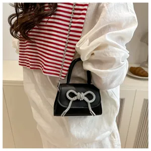 Sac à main noir chic style français tendance nœud strass mini sac bandoulière chaîne