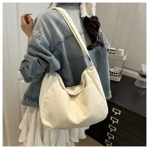 Borsa a tracolla casual in corduroy per donna, borsa tote grande capacità, stile quotidiano.