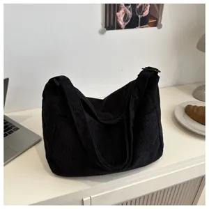 Borsa a tracolla in velluto a coste nera grande borsa tote casual da donna per lavoro