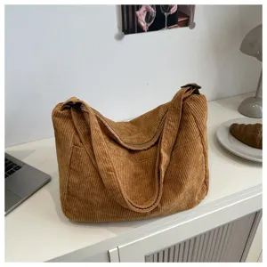 Borsa a tracolla in corduroy da donna, grande shopper casual, borsa elegante per il lavoro.