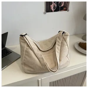 Borsa a tracolla in velluto a coste beige grande capacita borsa casual da donna quotidiana