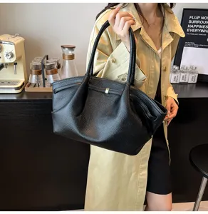Elegante borsa tote in pelle nera da donna, grande capacità borsa a spalla da lavoro.