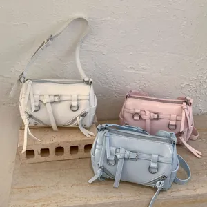 Women PU Leather Cylindrical Crossbody Bag Vintage Motorcycle Rivet Tassel Shoulder Handbag Large Capacity Commuting