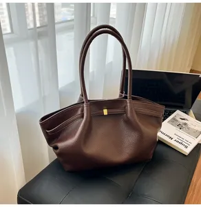 Borsa shopper in pelle marrone scuro da donna, grande borsa a spalla elegante per ufficio.