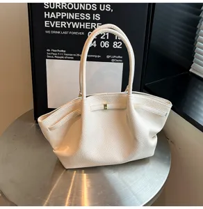 Borsa shopper in pelle bianca da donna, grande borsa a spalla casual, elegante borsa da lavoro.