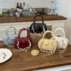Women PU Leather Bowling Bag Vintage Small Top Handle Satchel Bag Casual Crossbody Bag With Beaded Pendant Handbag