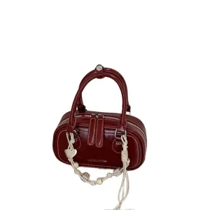 Women wine red bowling handbag stylish contrast stitching top-handle small shoulder bag
