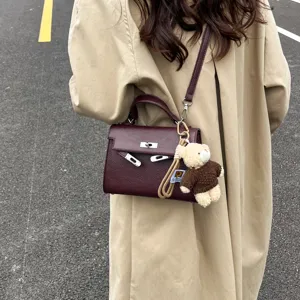 Bolso de Mujer Vintage de Cuero PU con Asa Superior Retro Bolso de Hombro Cruzado Satchel Tote Minimalista con Lindo Colgante de Oso