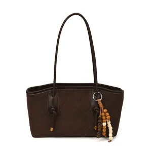 Borsa tote in camoscio marrone da donna, borsa a spalla matelassé con perline.