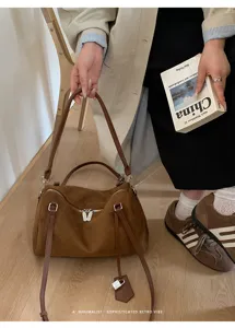 Bolso bandolera de ante marrón para oficina, bolso de mano vintage con cremallera metálica.
