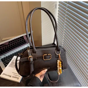 Retro dark brown shoulder bag for women, stylish vintage underarm bag with beaded charm.