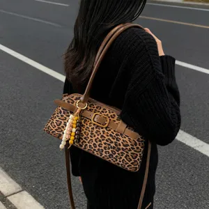 Women Retro Leopard Print PU Leather Shoulder Bag Casual Commuter Underarm Handbag With Lock Clasp And Beaded Pendant