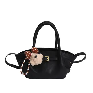 Black Women's Tote Handbag PU Leather Crossbody Bag with Cute Bear Pendant and Bow Decor